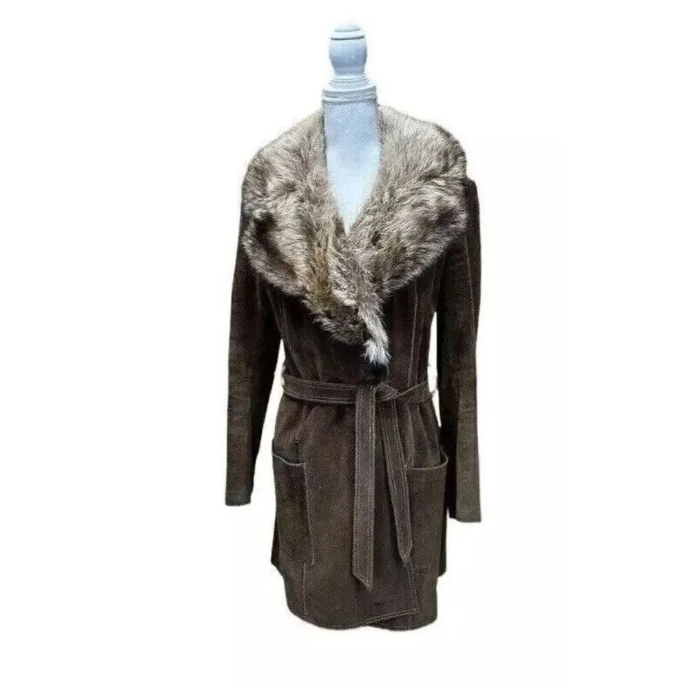 Vintage Long Iconic Brown Sued Fur Trim Luxury Coat Jacket Sizeโ14 Large/ XL